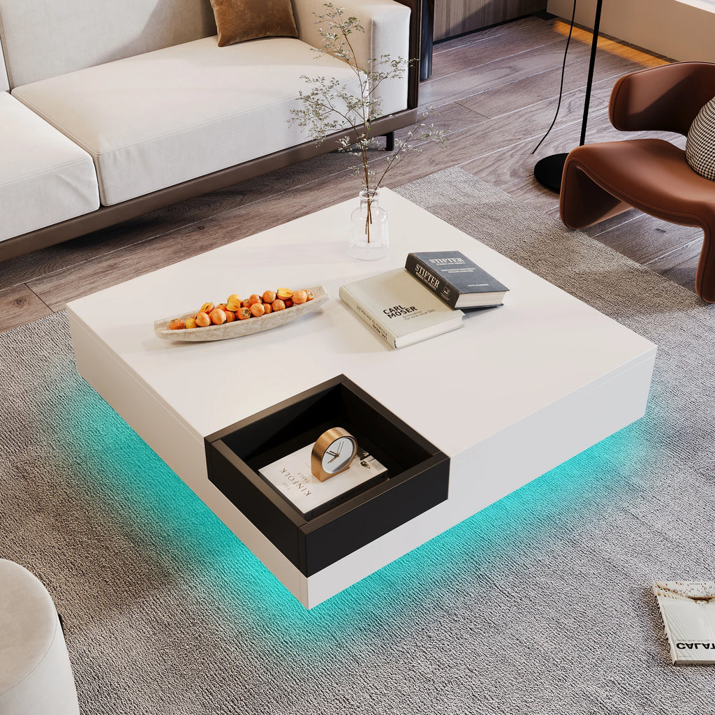 Table Basse Design LED Carrée – Rangement Dissimulé, LED RGB & Finition Haute Brillance | Vogue