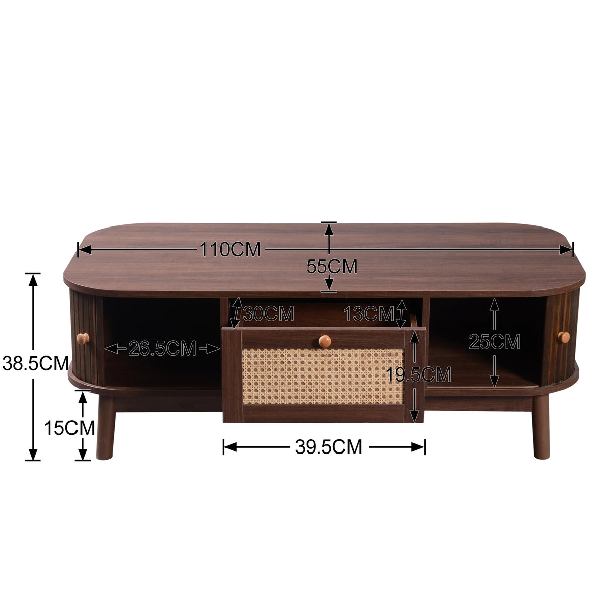 Table Basse Design Rotin – Tiroirs Tressés, Portes Coulissantes & Bois Massif | Rotin