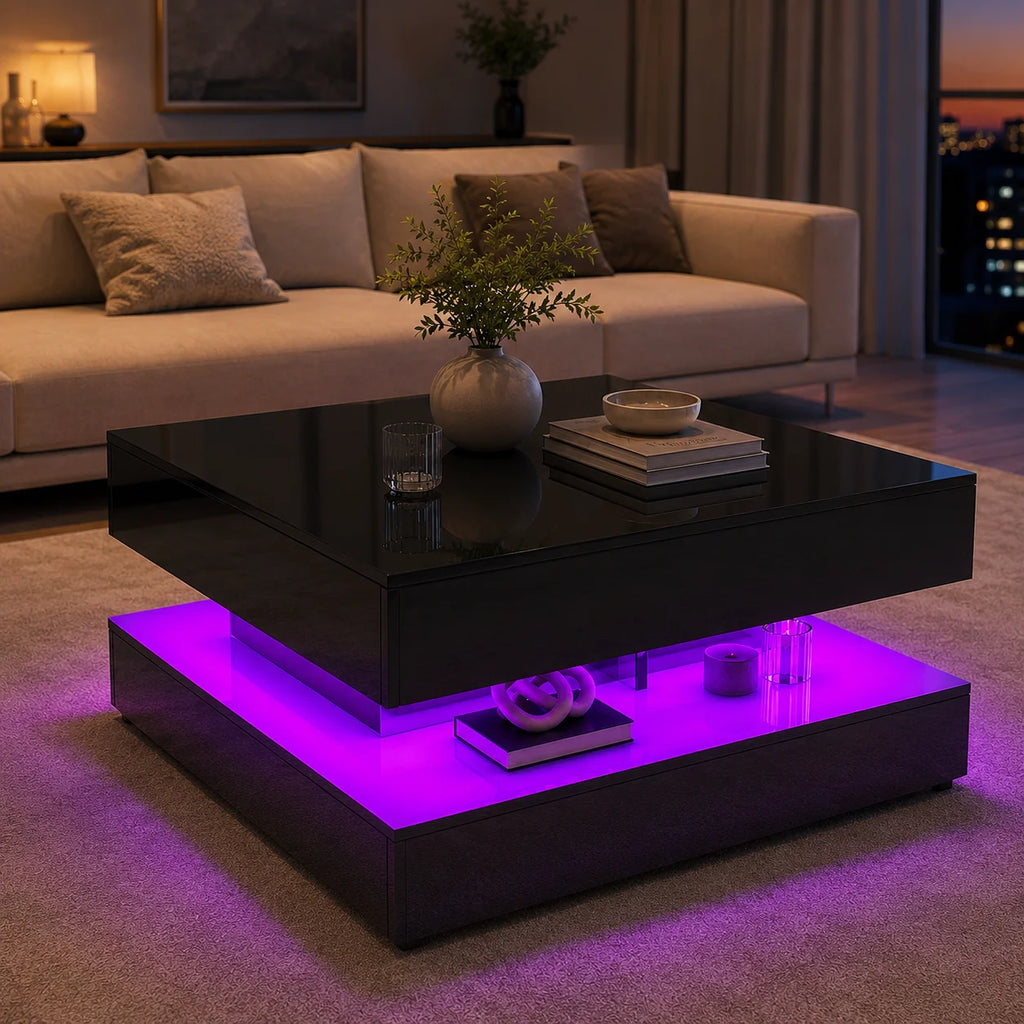Table Basse Design Carrée LED RGB – Tiroirs Réversibles, Haute Luminosité & Finition UV | Nexus