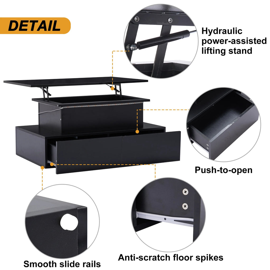 Table Basse Design Noire LED – 4 Tiroirs, Finition Haute Brillance & Éclairage Intégré | Obsidian