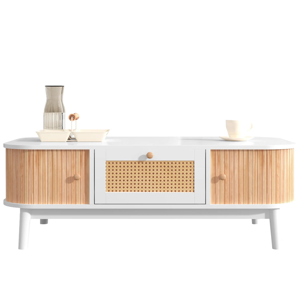 Table Basse Design Rotin – Tiroirs Tressés, Portes Coulissantes & Bois Massif | Rotin