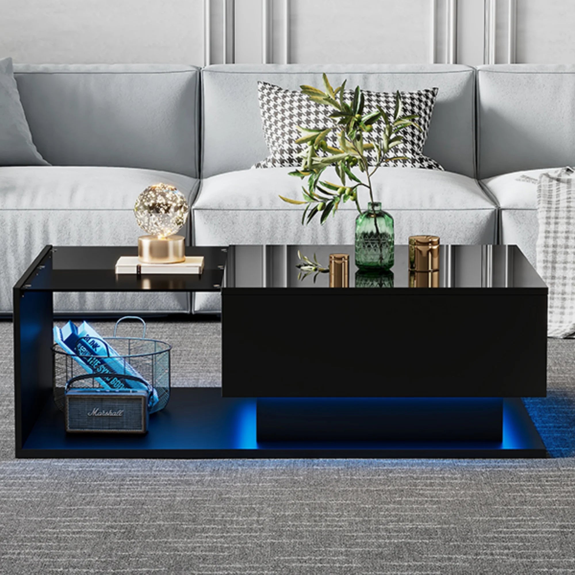 Table Basse Design Noire – Plateau Verre Trempé, LED & Tiroir Discret | Cristal