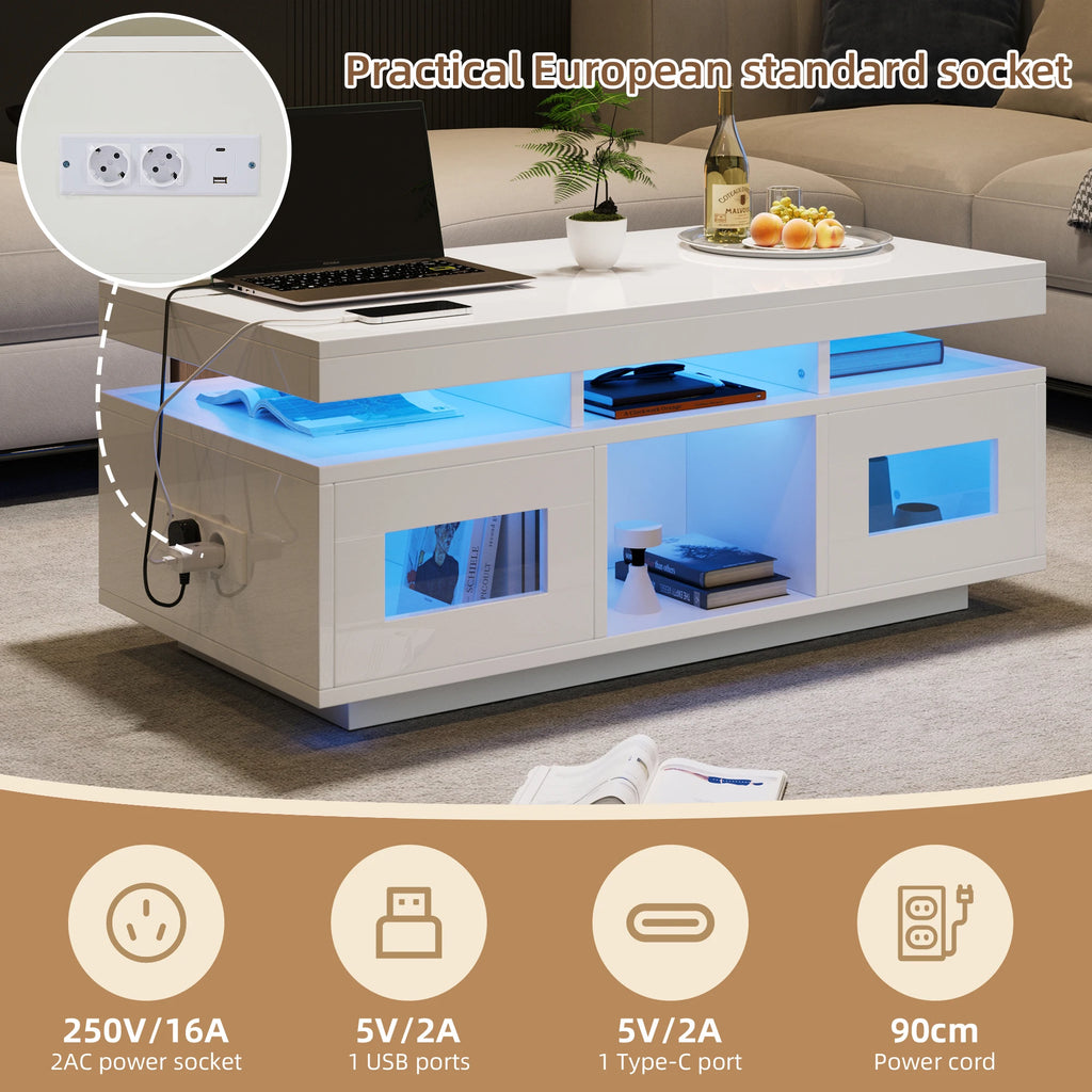 Table Basse Design LED – Prise & USB Intégrés, 5 Espaces de Rangement & Haute Brillance | Aura