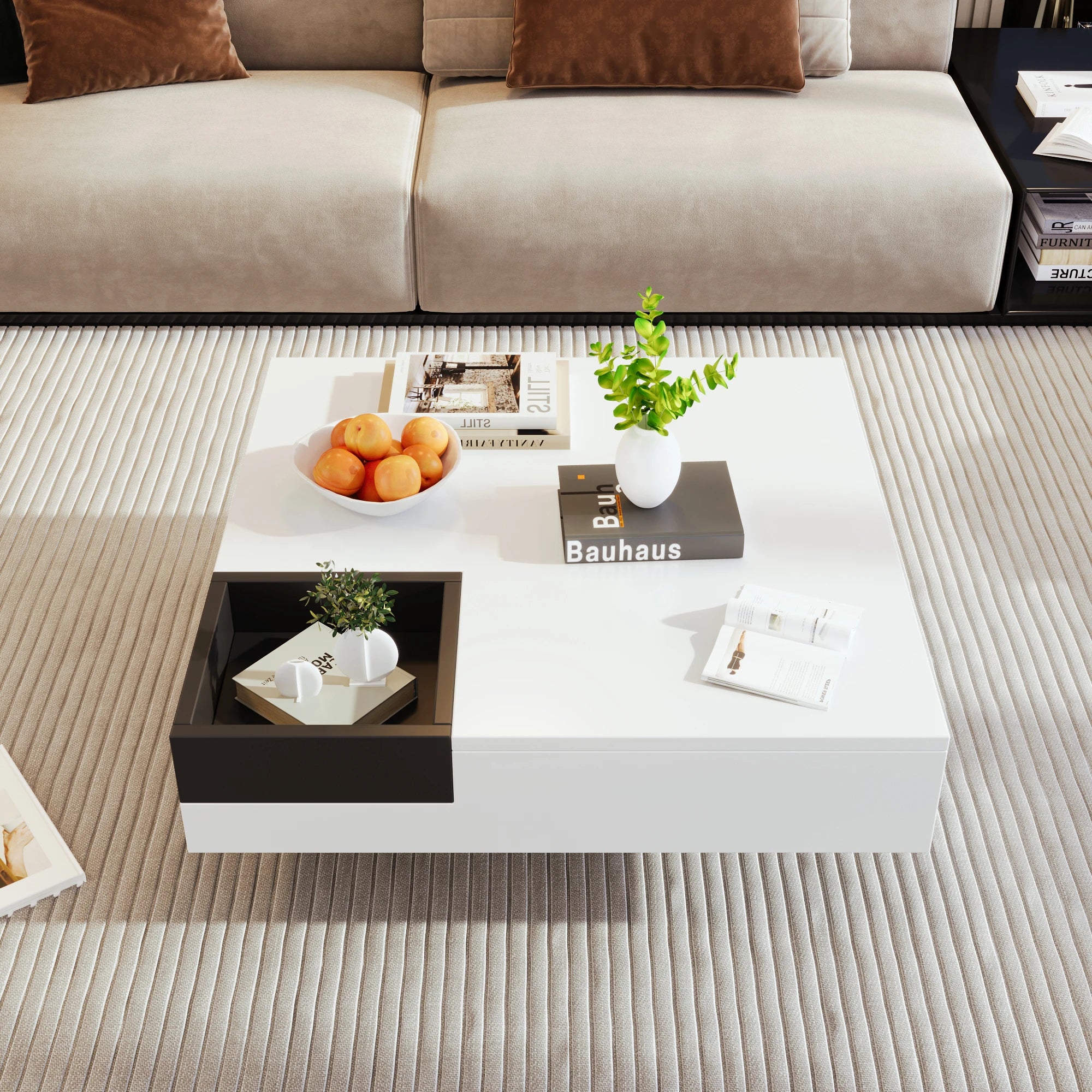Table Basse Design LED Carrée – Rangement Dissimulé, LED RGB & Finition Haute Brillance | Vogue