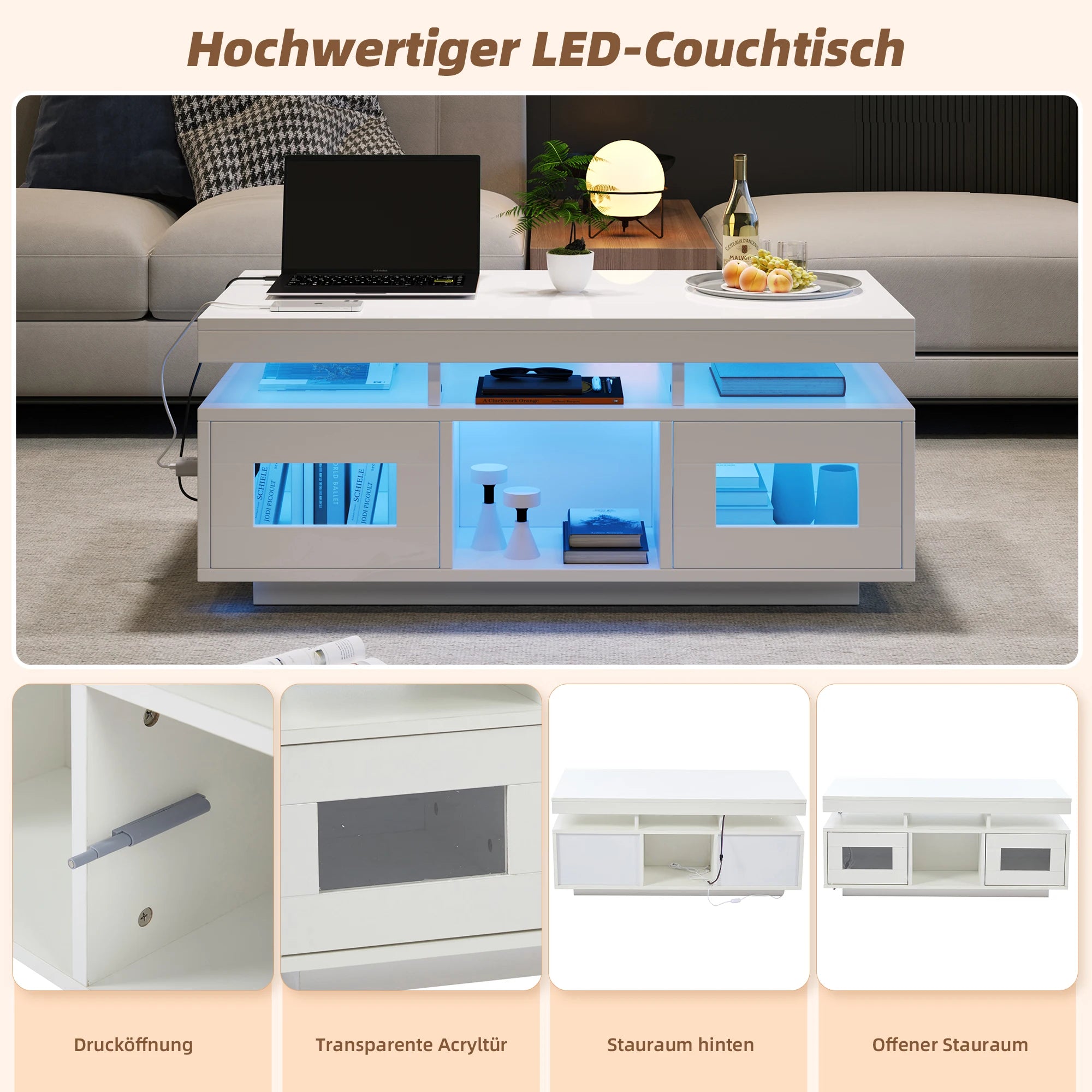 Table Basse Design LED – Prise & USB Intégrés, 5 Espaces de Rangement & Haute Brillance | Aura