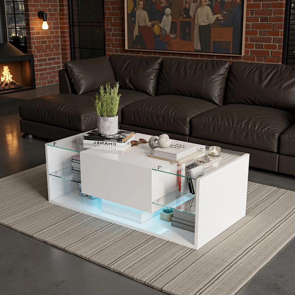 Table Basse Design LED RGB – 4 Étagères Verre, Tiroir Caché & 6000 Couleurs | Spectra