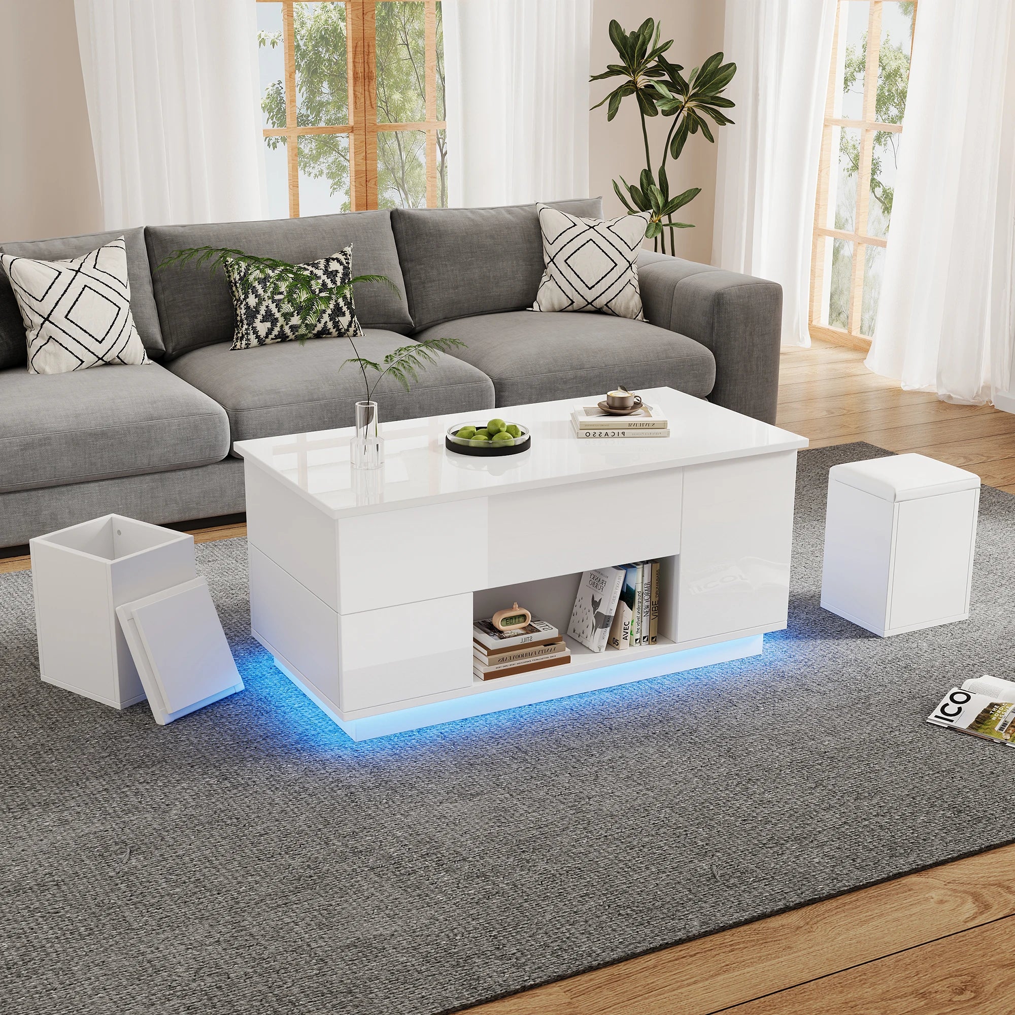 Table Basse Design 4-en-1 – Plateau Élévatoire, LED RGB, 2 Tiroirs & 2 Tabourets | Onyx