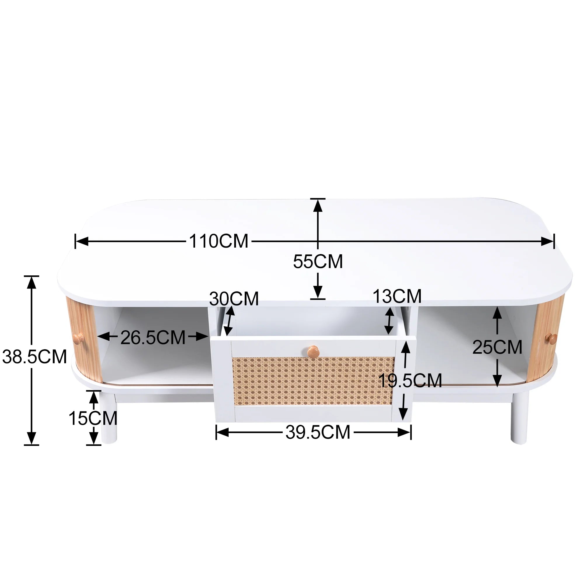 Table Basse Design Rotin – Tiroirs Tressés, Portes Coulissantes & Bois Massif | Rotin