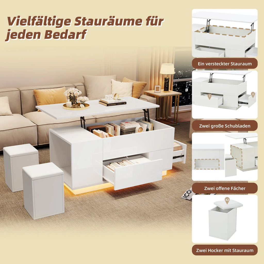 Table Basse Design 4-en-1 – Plateau Élévatoire, LED RGB, 2 Tiroirs & 2 Tabourets | Onyx