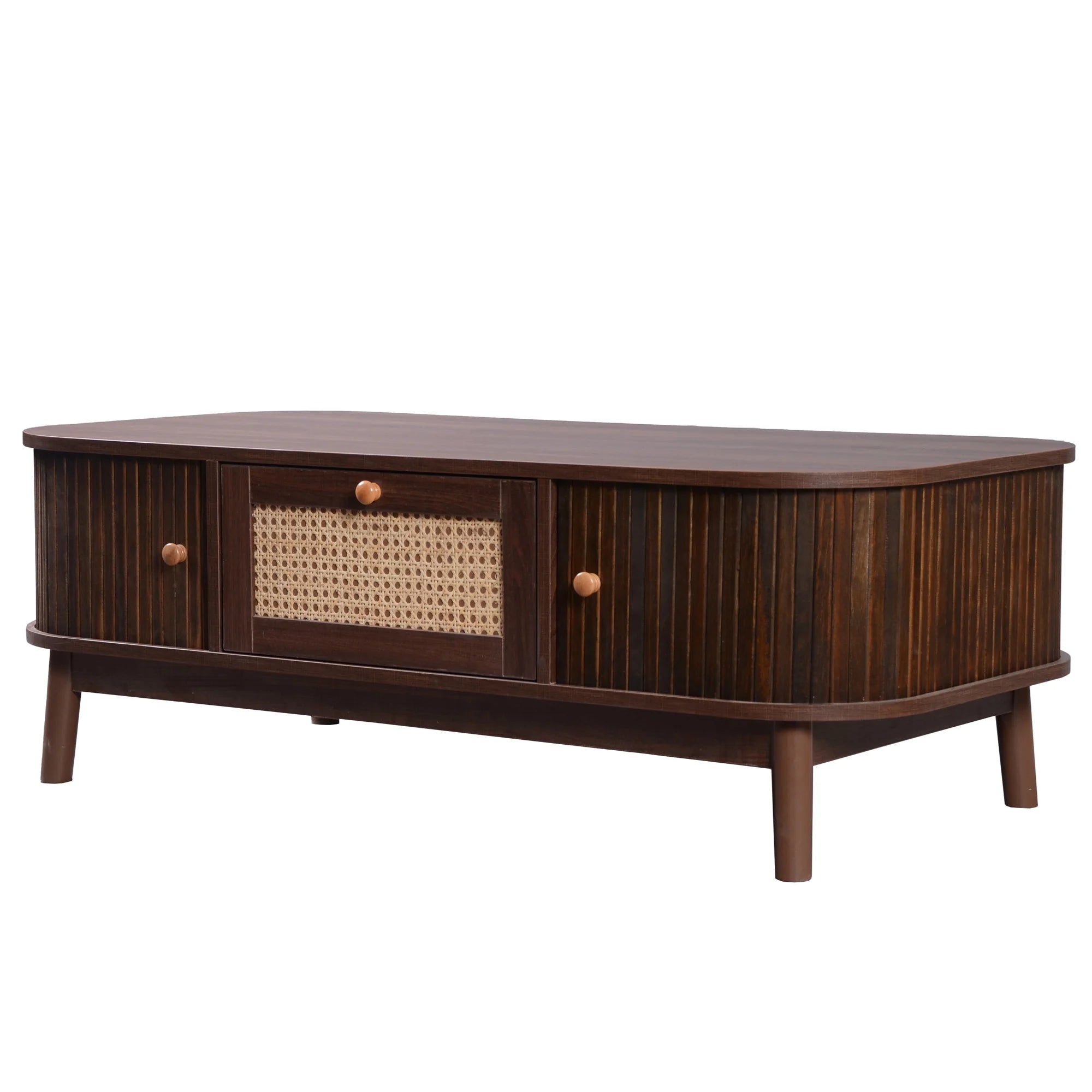 Table Basse Design Rotin – Tiroirs Tressés, Portes Coulissantes & Bois Massif | Rotin