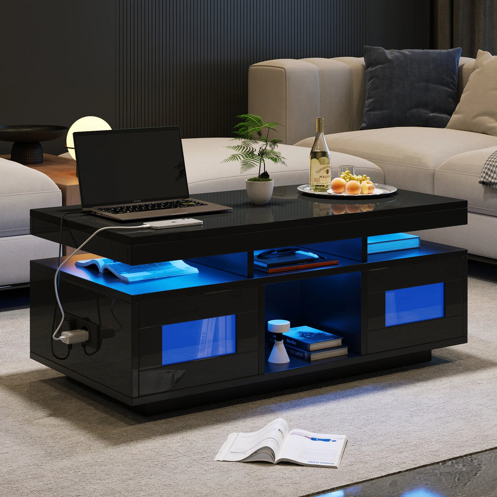 Table Basse Design LED – Prise & USB Intégrés, 5 Espaces de Rangement & Haute Brillance | Aura