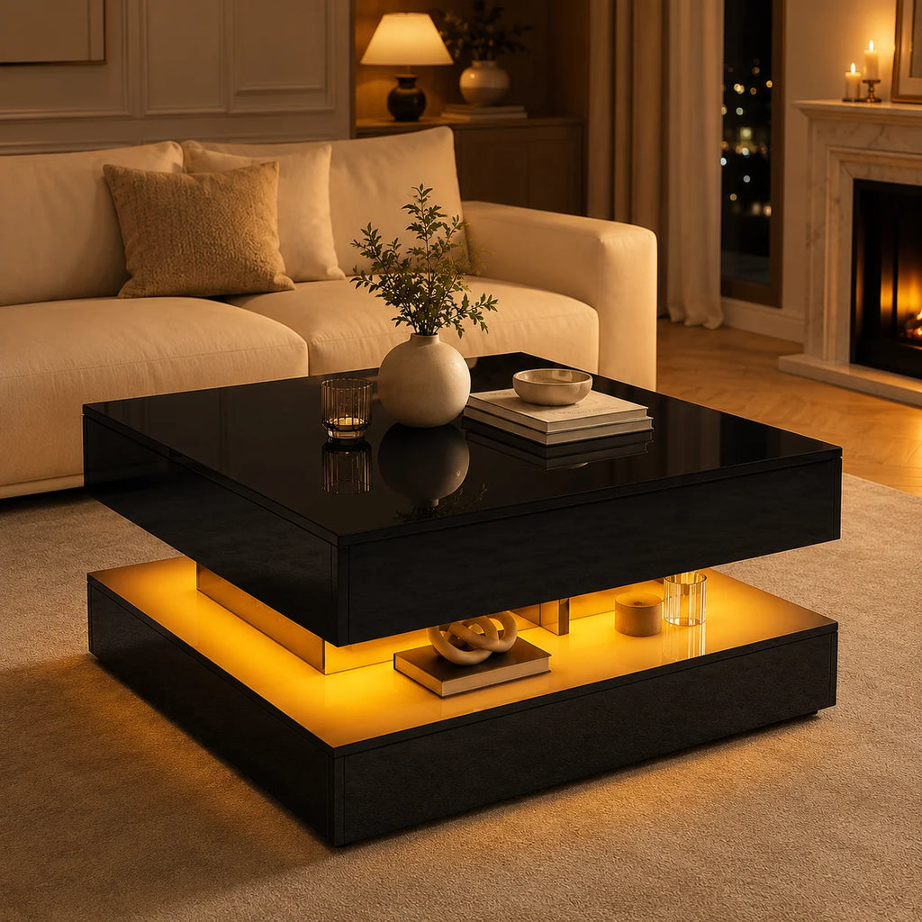 Table Basse Design Carrée LED RGB – Tiroirs Réversibles, Haute Luminosité & Finition UV | Nexus