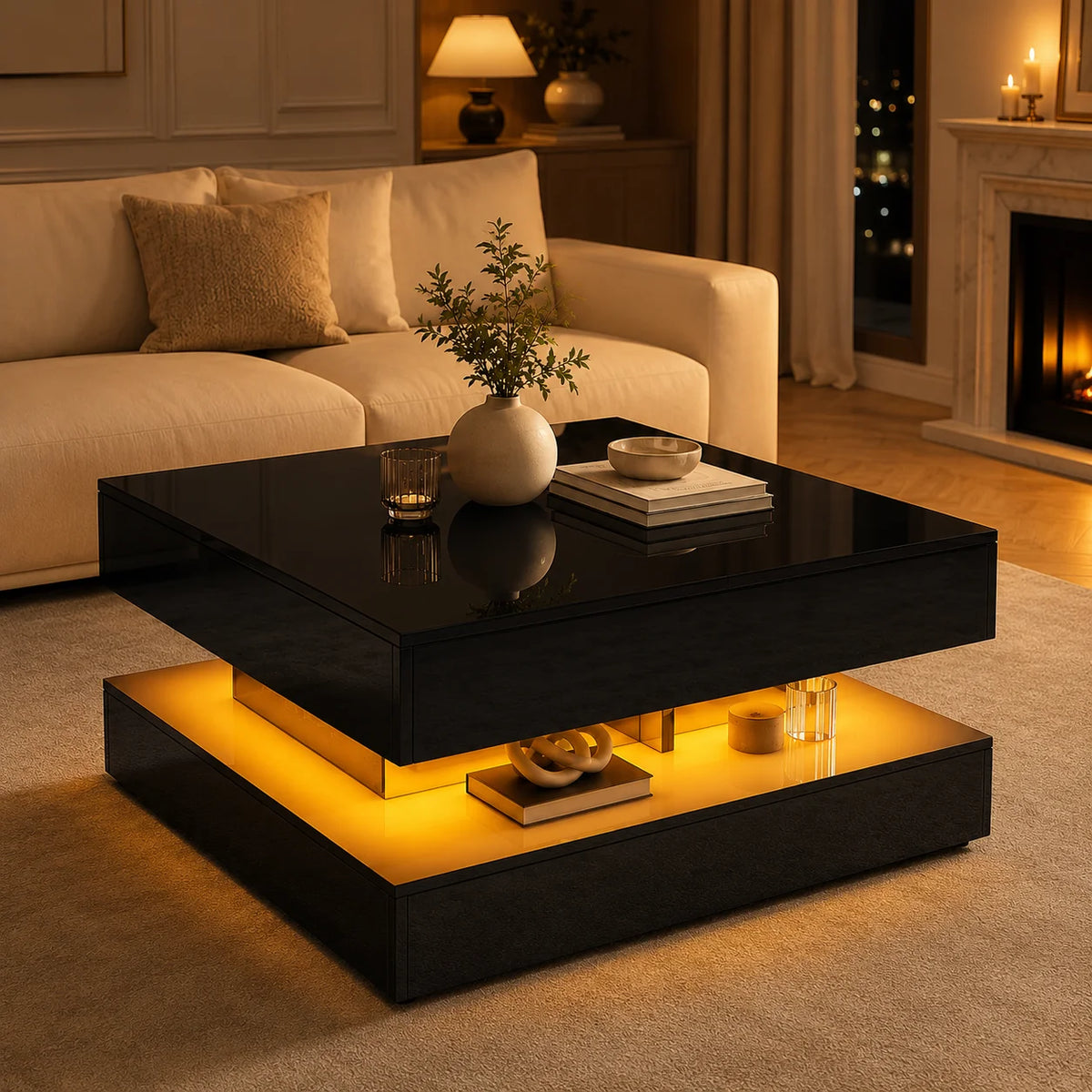 Table Basse Design Carrée LED RGB – Tiroirs Réversibles, Haute Luminosité & Finition UV | Nexus