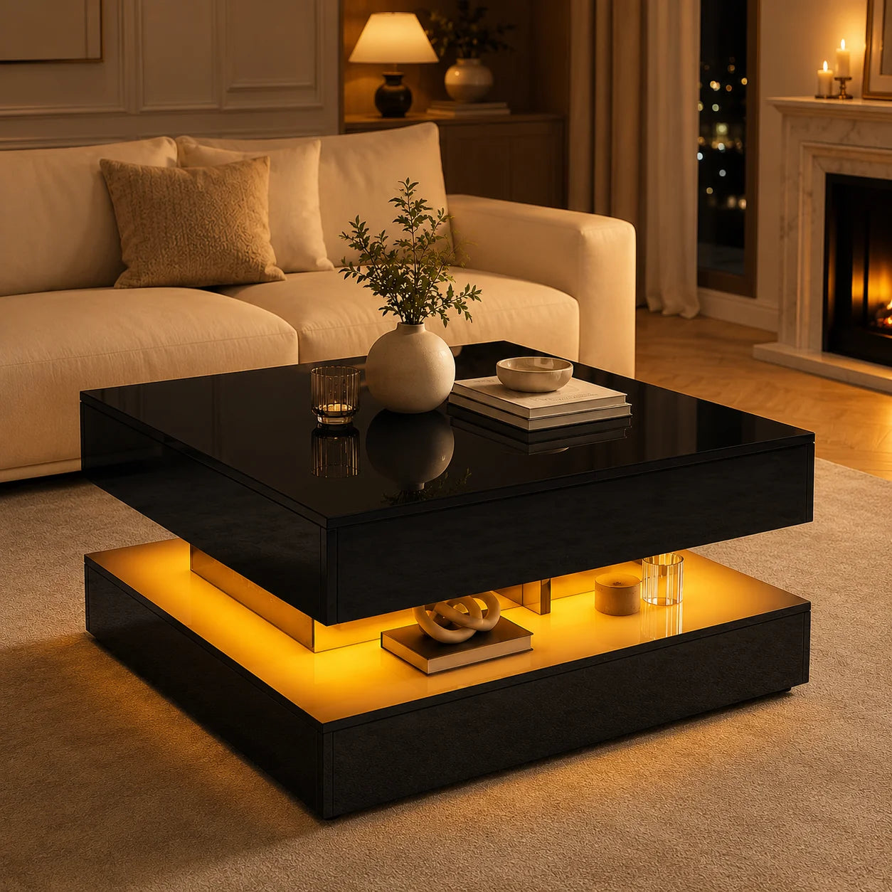 Table Basse Design Carrée LED RGB – Tiroirs Réversibles, Haute Luminosité & Finition UV | Nexus