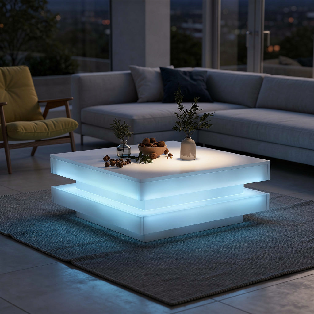Table Basse Design Carrée – Plateau Rotatif, LED Bluetooth & Finition Blanche Premium | Zenith