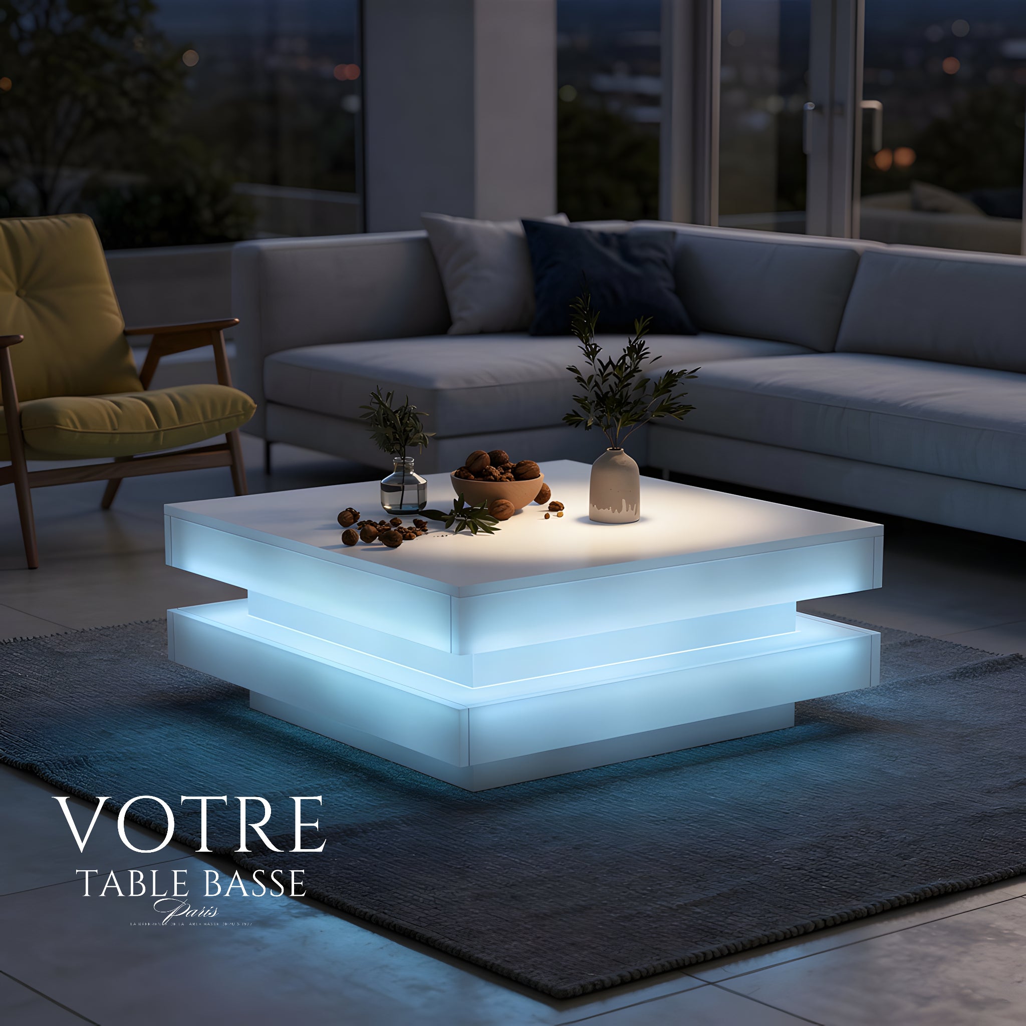 Table Basse Design Carrée – Plateau Rotatif, LED Bluetooth & Finition Blanche Premium | Zenith