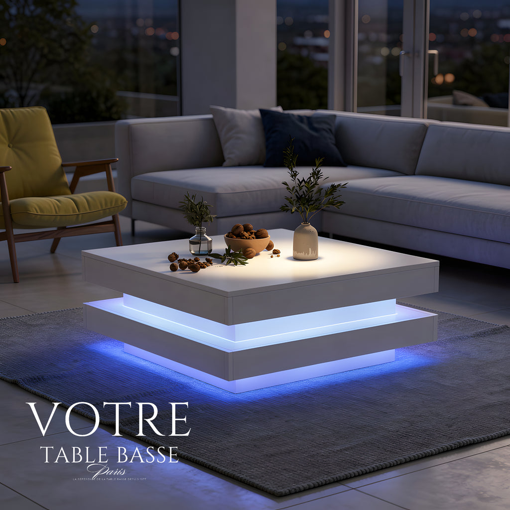 Table Basse Design Carrée – Plateau Rotatif, LED Bluetooth & Finition Blanche Premium | Zenith