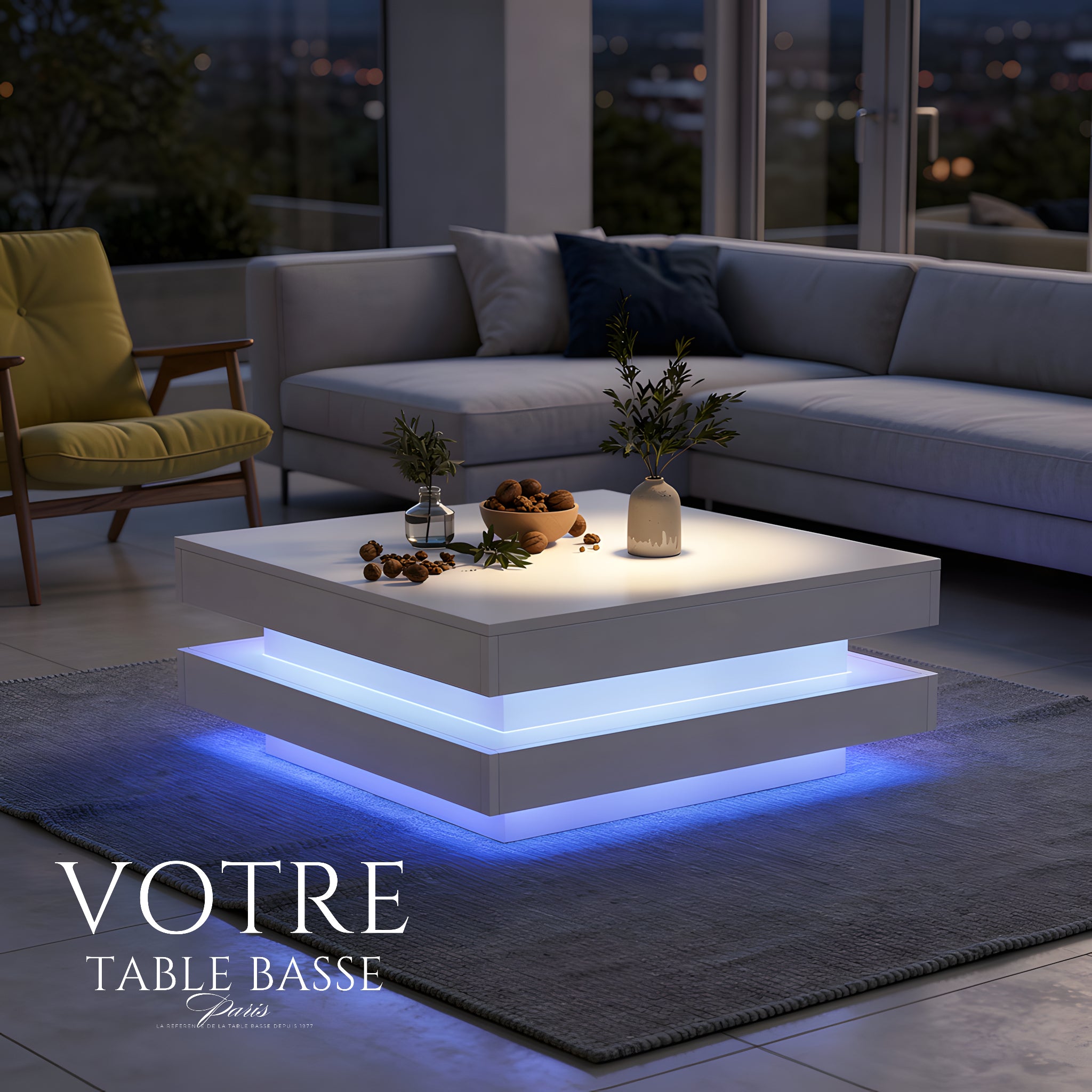 Table Basse Design Carrée – Plateau Rotatif, LED Bluetooth & Finition Blanche Premium | Zenith