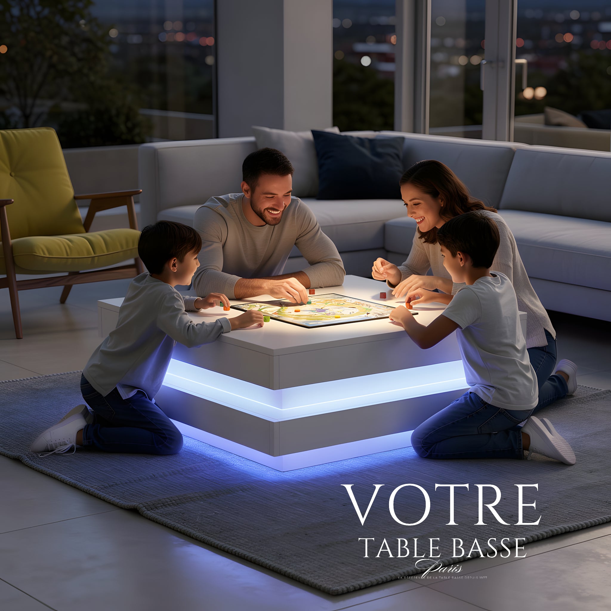 Table Basse Design Carrée – Plateau Rotatif, LED Bluetooth & Finition Blanche Premium | Zenith