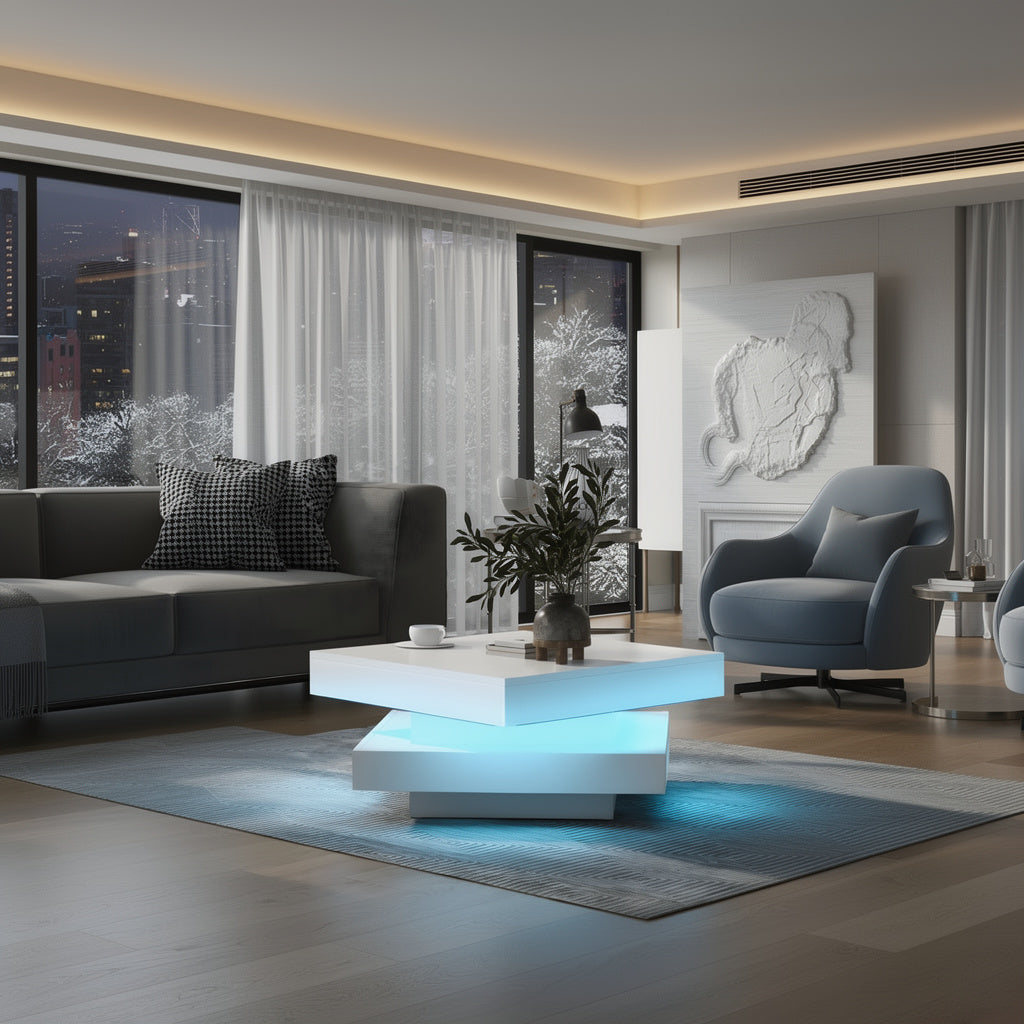 Table Basse Design Carrée – Plateau Rotatif, LED Bluetooth & Finition Blanche Premium | Zenith