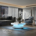 Table Basse Design Carrée – Plateau Rotatif, LED Bluetooth & Finition Blanche Premium | Zenith