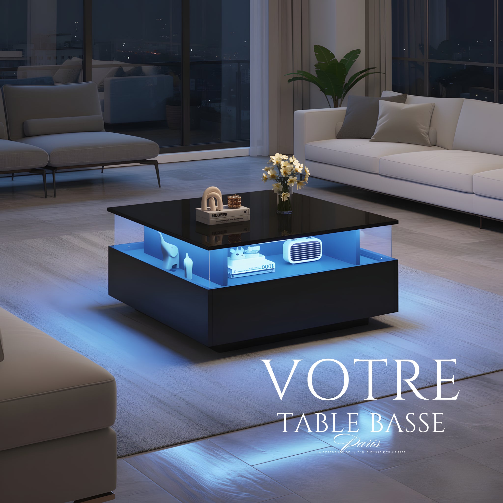 Table Basse Design LED Carrée – Zone d'Affichage Transparente, 2 Tiroirs & Haute Brillance | Noctua