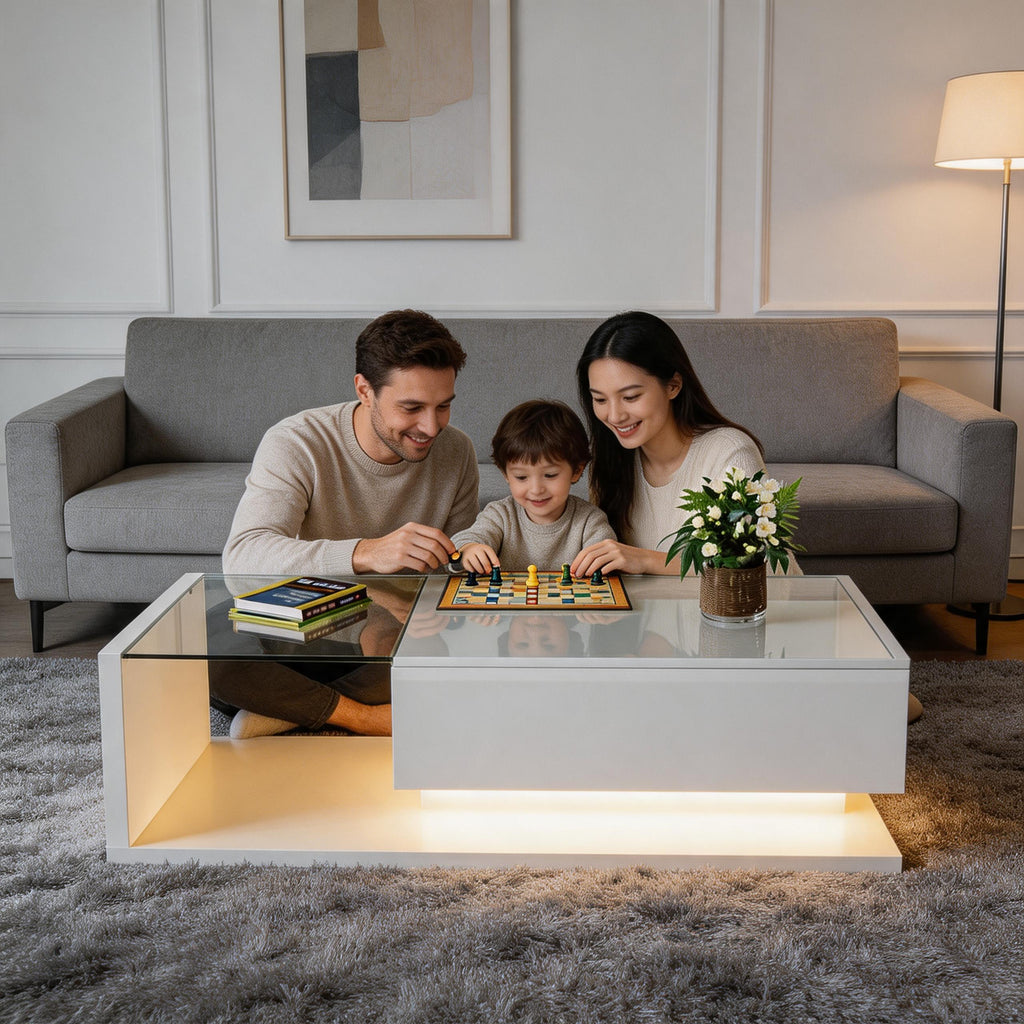Détail finition laquée blanc brillant et effet LED multicolore table basse