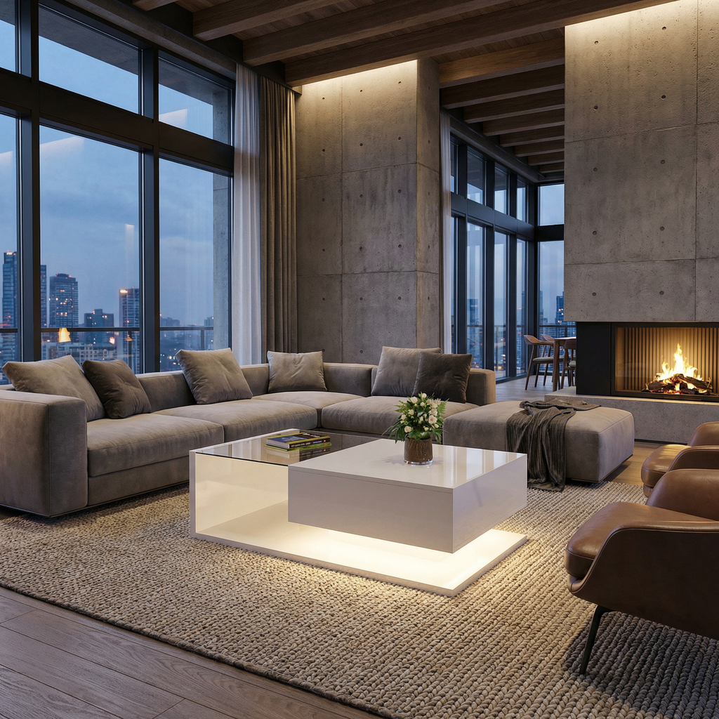 Table basse design LED 16 couleurs avec plateau en verre trempé – ambiance salon