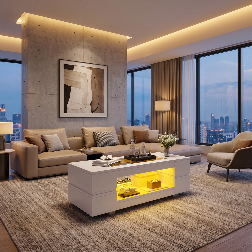 Table Basse Design LED Bluetooth – Double Niveau, Structure Métal & Commande Sans Fil | Élégance