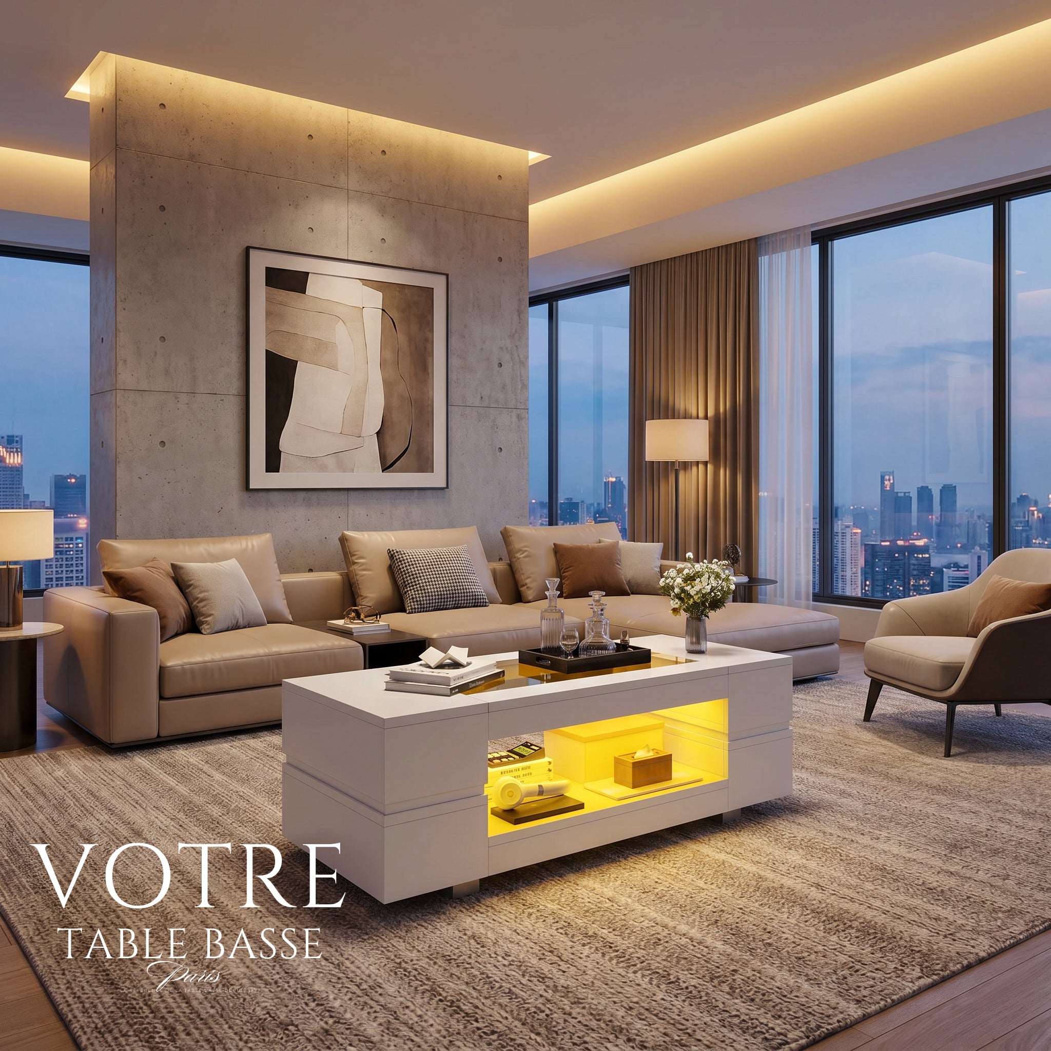 Table Basse Design LED Bluetooth – Double Niveau, Structure Métal & Commande Sans Fil | Élégance