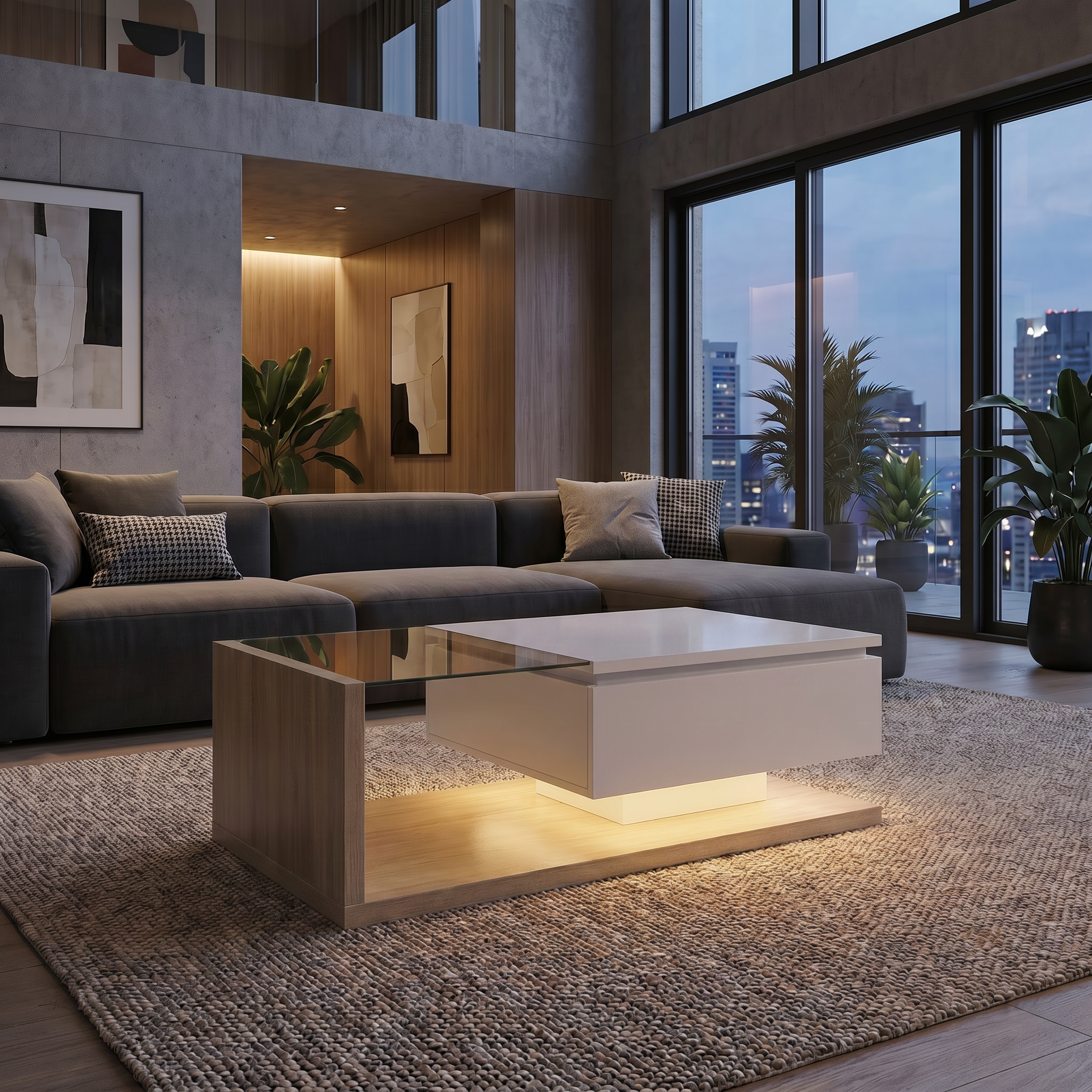 Éclairage LED 16 couleurs sous plateau verre trempé table basse design