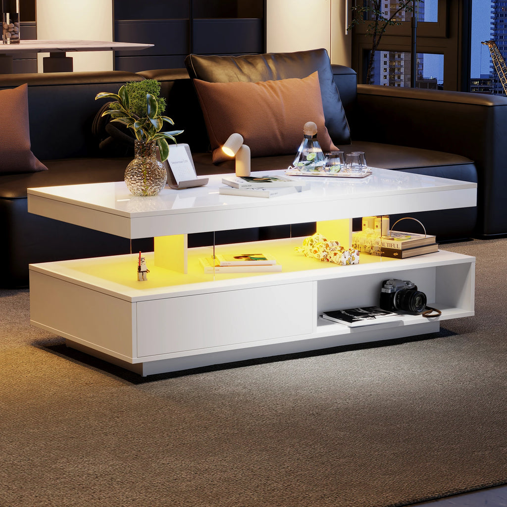 Table basse blanche à finition brillante 95x50x42,5 cm - avec 4 plateaux en verre, 2 tiroirs et 2 compartiments, table basse moderne XXL avec espace de rangement