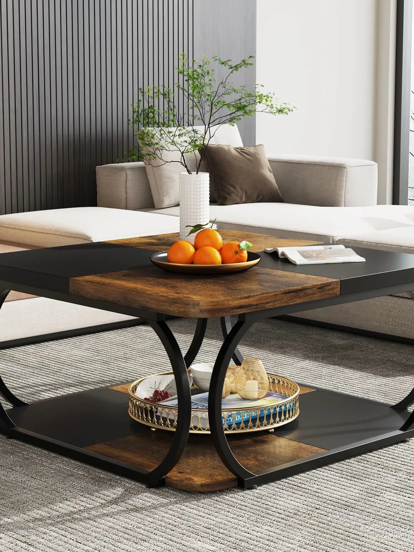 Table Basse Design Industrielle – Métal Robuste, 2 Niveaux Bois & Style Farmhouse | Forge