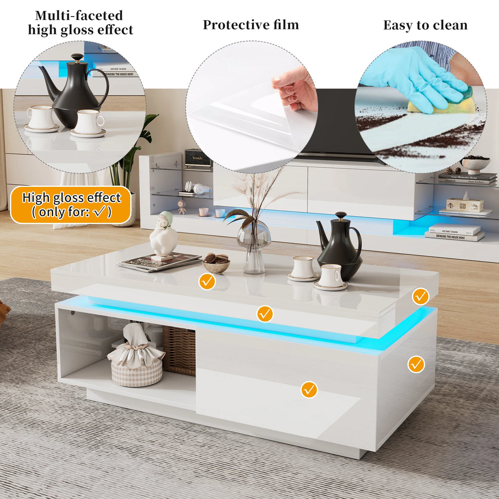 Table Basse Design Blanche LED – Finition Haute Brillance, Tiroir & Capacité 50 kg | Blanc Satin