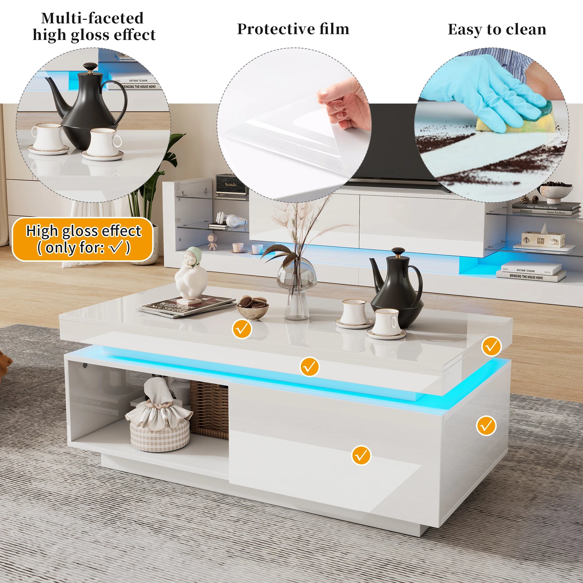 Table Basse Design Blanche LED – Finition Haute Brillance, Tiroir & Capacité 50 kg | Blanc Satin