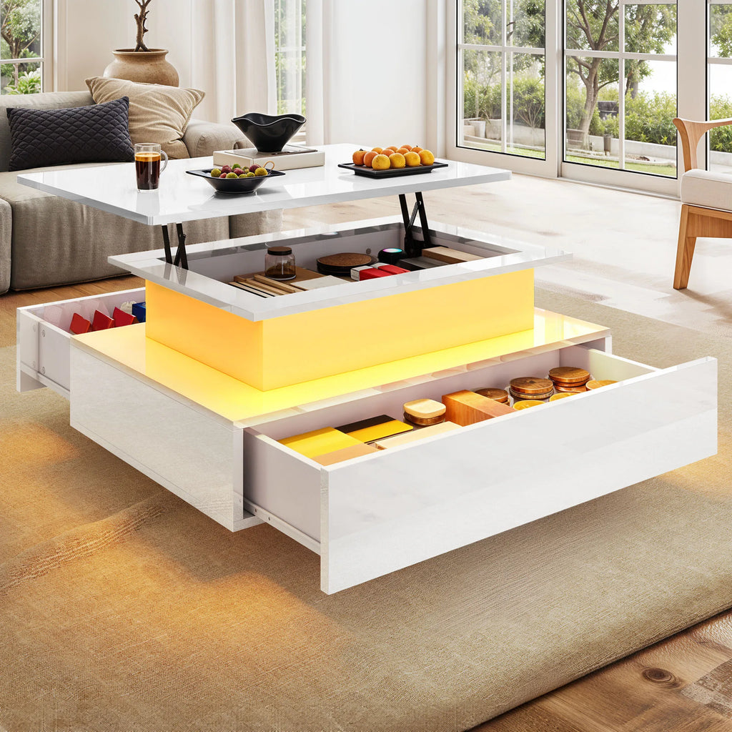 Table Basse Design LED – Plateau Relevable, 16 Couleurs & 2 Tiroirs Premium | Aurora
