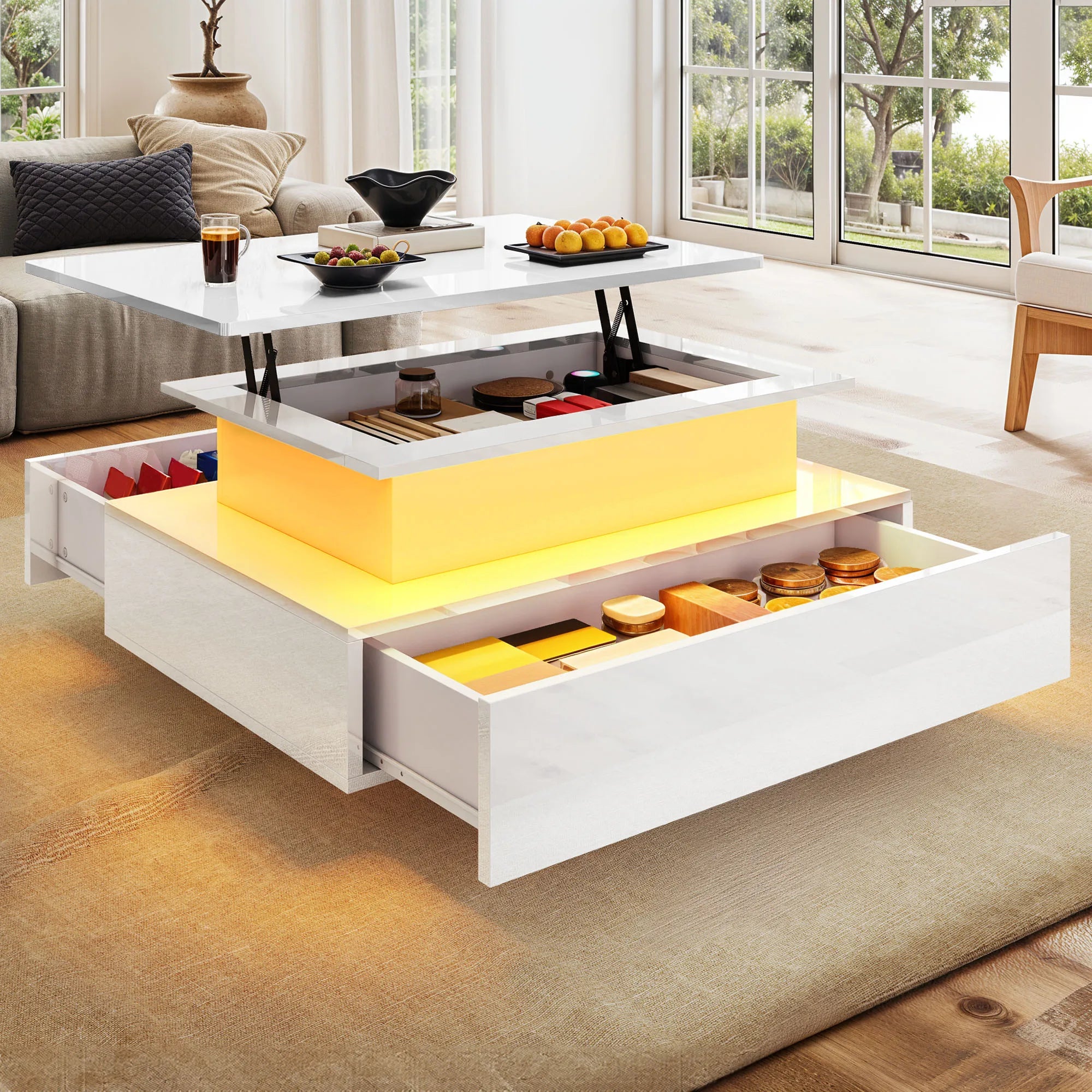 Table Basse Design LED – Plateau Relevable, 16 Couleurs & 2 Tiroirs Premium | Aurora
