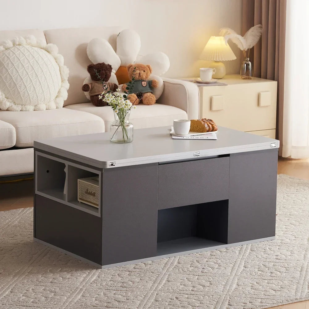 Table Basse Design Multifonction – 2 Plateaux Séparables, Relevable & Tiroir de Rangement | Dualys