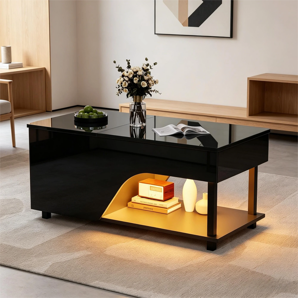 Table Basse Design LED – Plateau Élévatoire, Rangement Dissimulé & Étagère Latérale | Altus