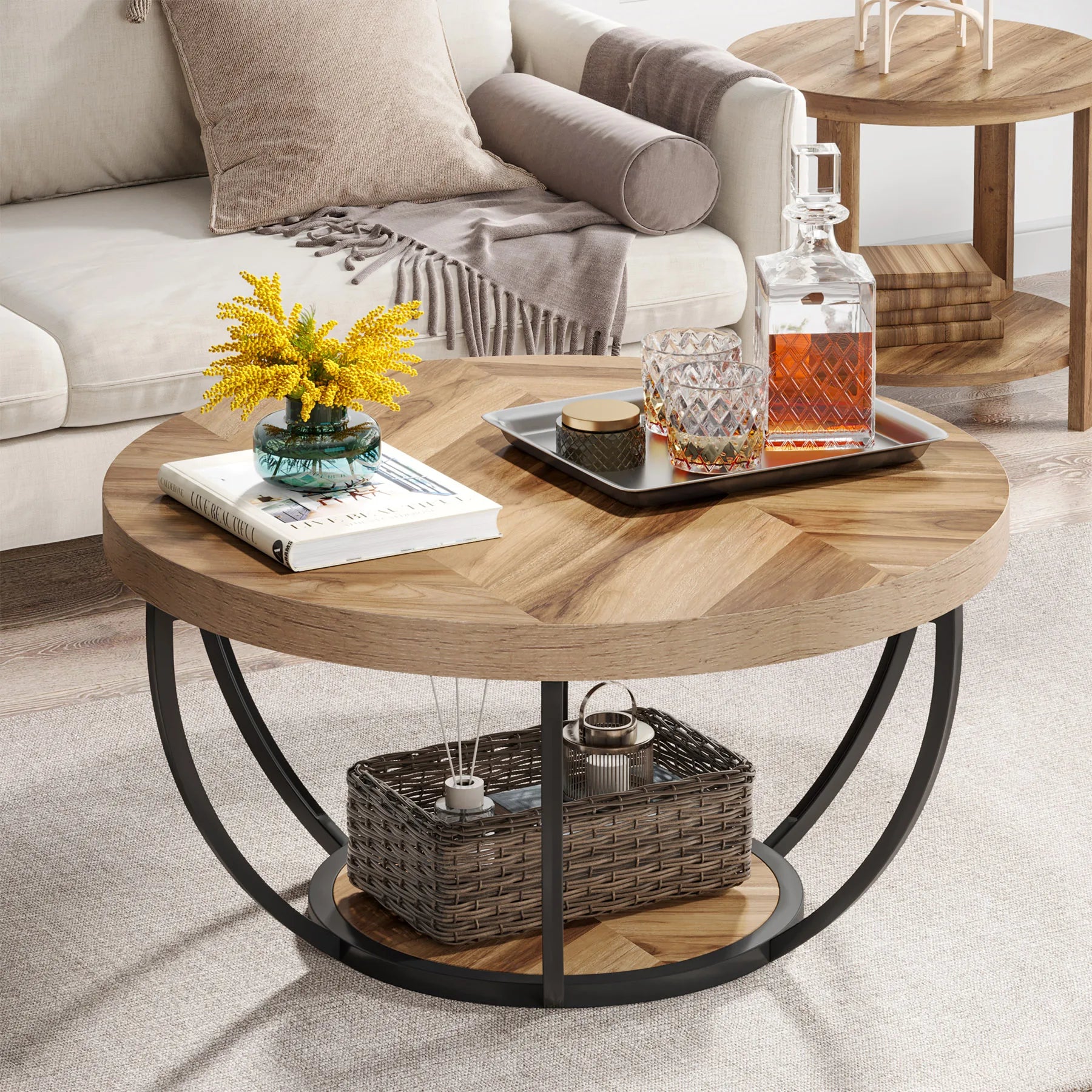 Table Basse Design Ronde Industrielle – 2 Niveaux Bois, 80 cm & 4 Coloris | Grove