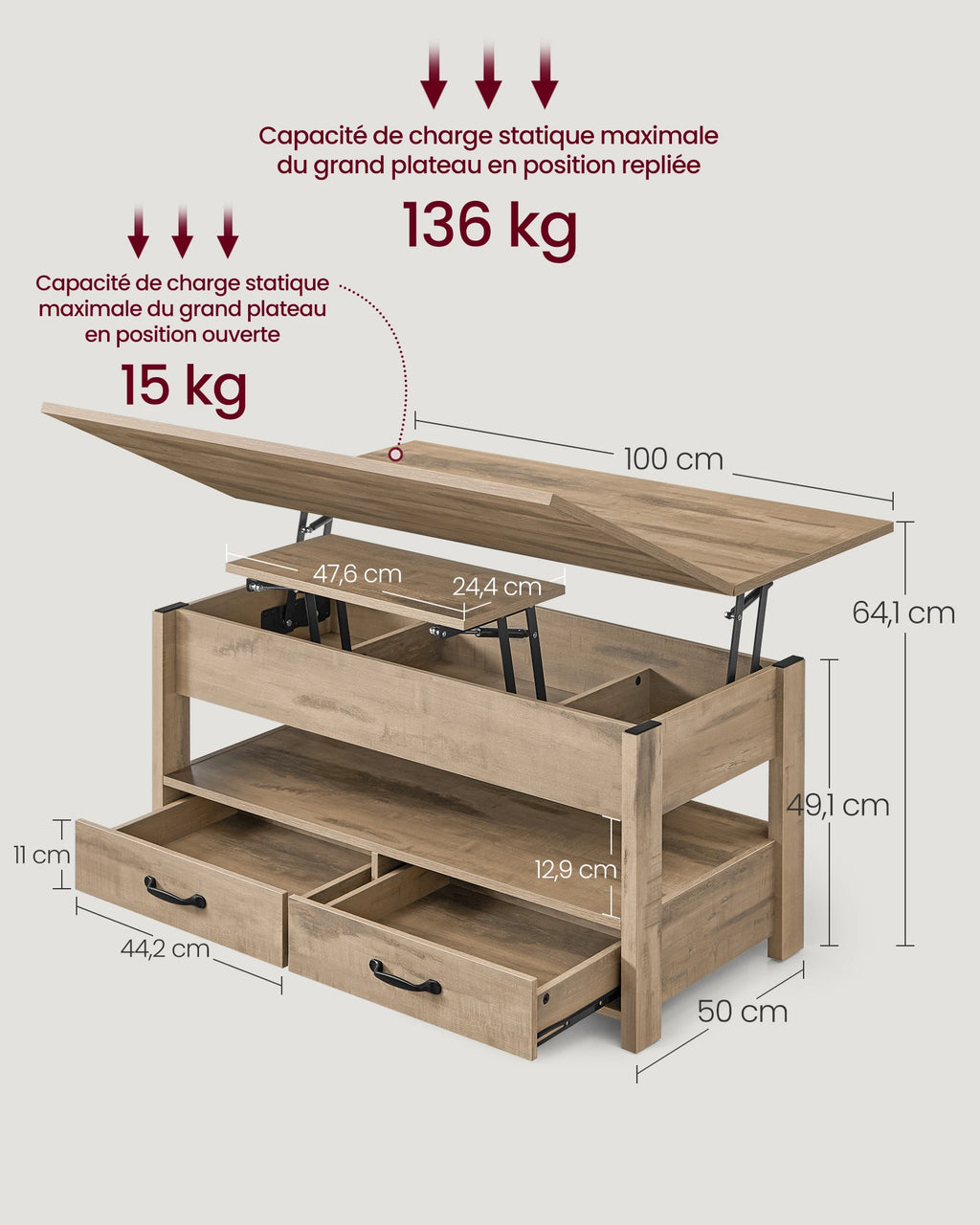 Table Basse Design Relevable – Vérin à Gaz, 2 Tiroirs, 4 Compartiments & Bois Naturel | Lift