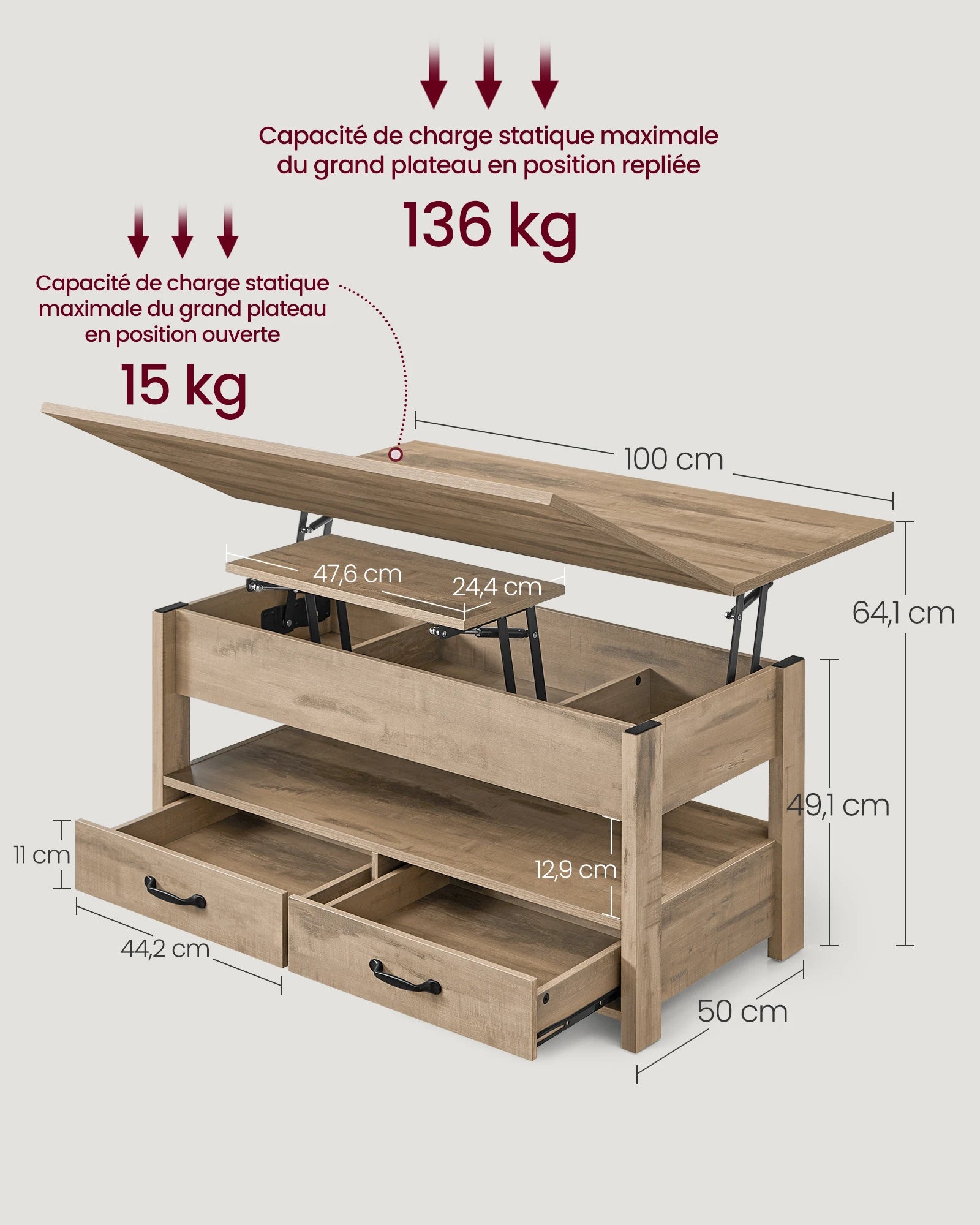 Table Basse Design Relevable – Vérin à Gaz, 2 Tiroirs, 4 Compartiments & Bois Naturel | Lift