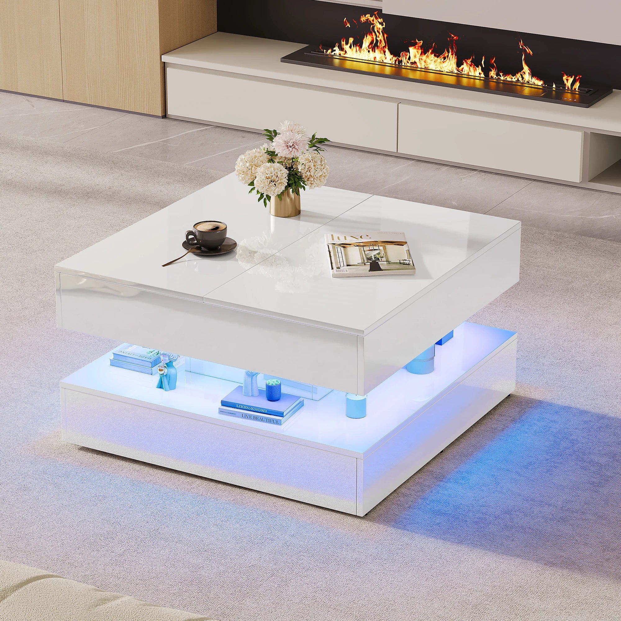 Table Basse Design Carrée LED – Tiroirs, Finition Haute Brillance Noir & Blanc | Rubis