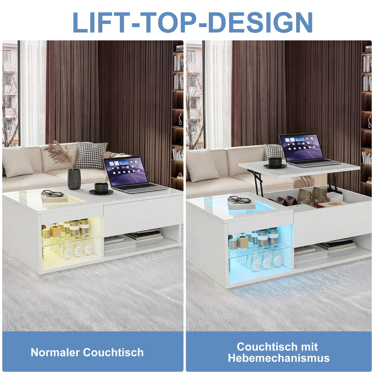 Table Basse Design LED – Plateau Élévatoire +15 cm, Rangement Caché & Haute Brillance | Nobis
