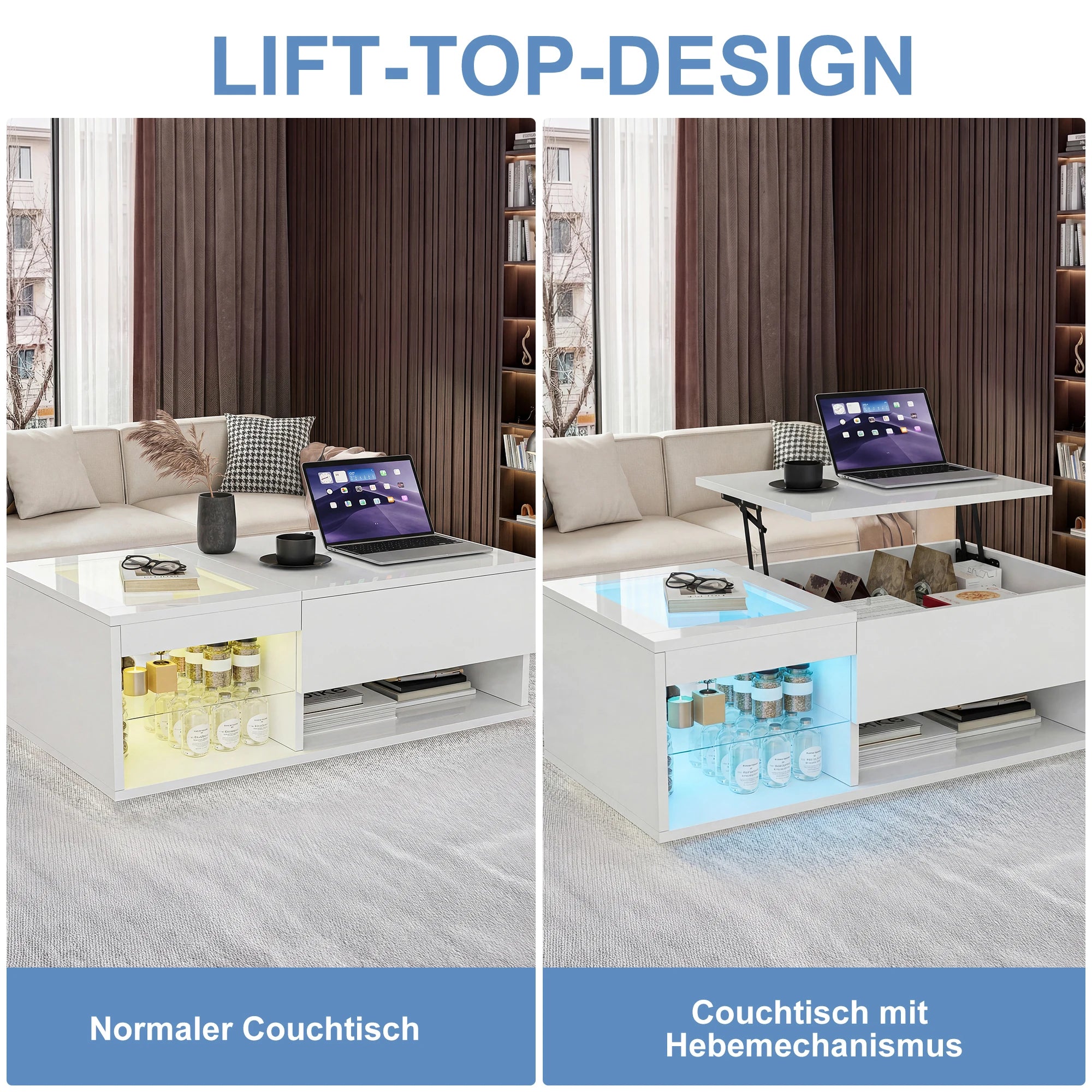 Table basse moderne Fangange - Table de salon avec fonction de levage (élévation de 15 cm), table de canapé avec éclairage LED - Design tendance - Blanc