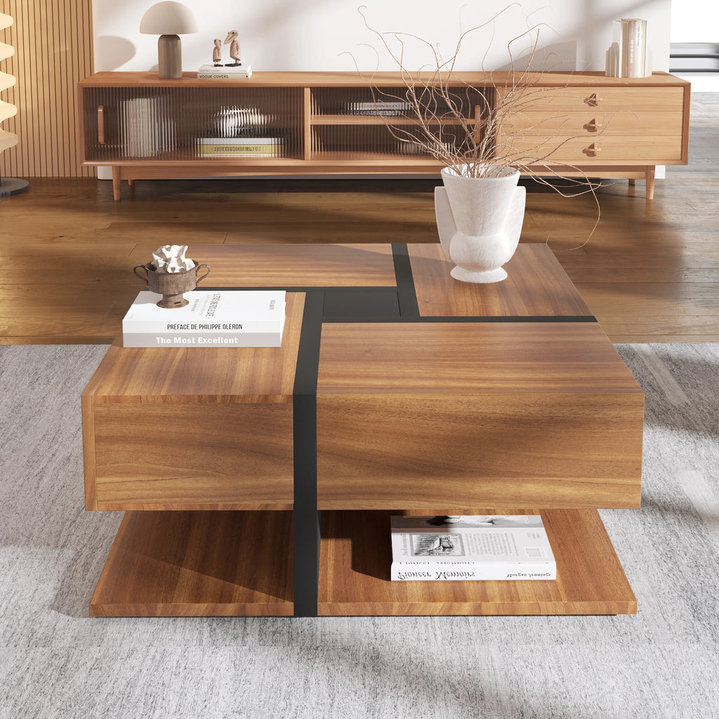 Table Basse Design Carrée – 4 Tiroirs, Étagère Intégrée & Finition Naturelle | Acajou