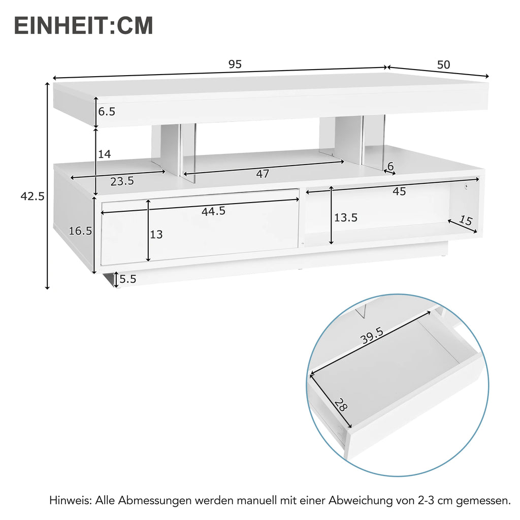 Table basse blanche à finition brillante 95x50x42,5 cm - avec 4 plateaux en verre, 2 tiroirs et 2 compartiments, table basse moderne XXL avec espace de rangement