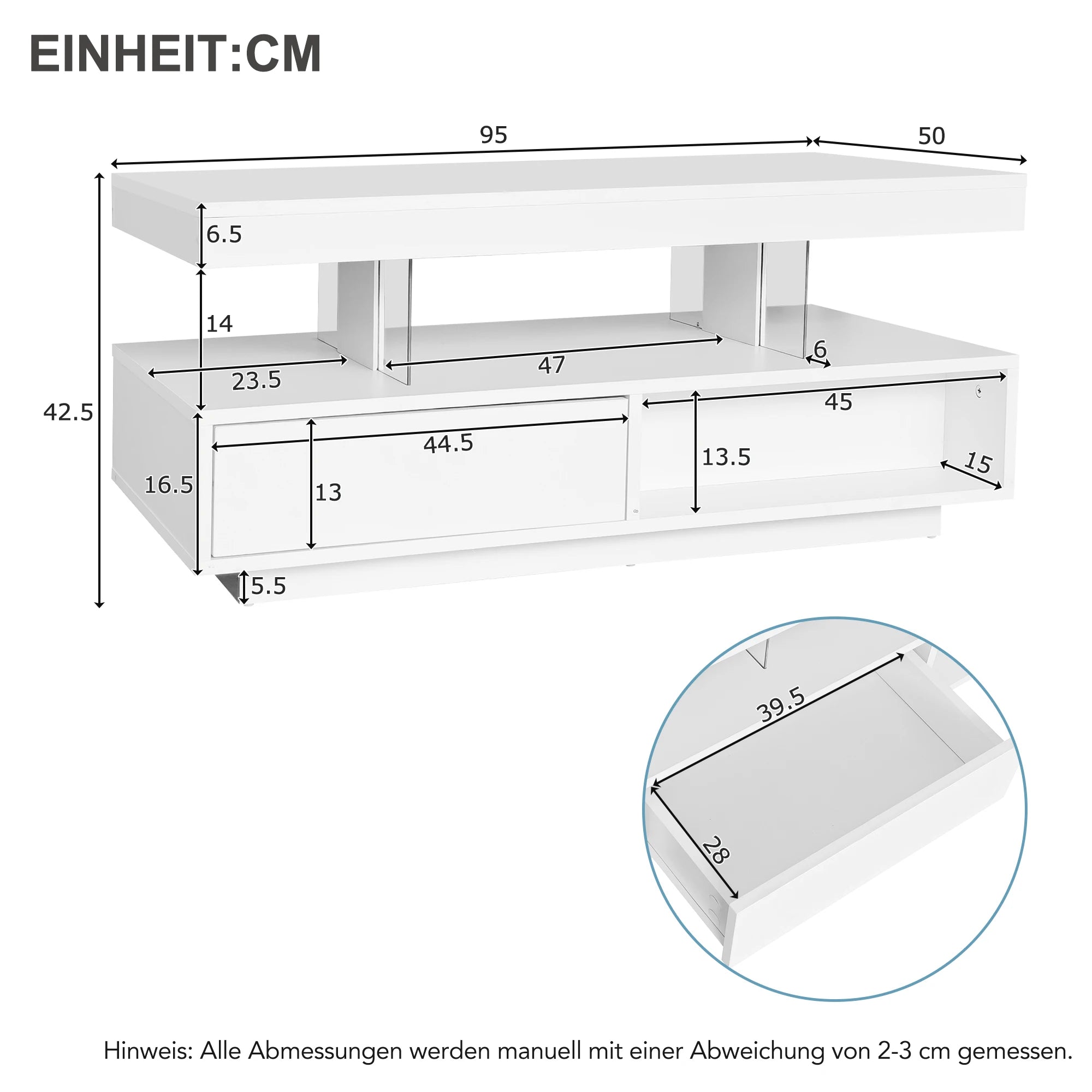Table basse blanche à finition brillante 95x50x42,5 cm - avec 4 plateaux en verre, 2 tiroirs et 2 compartiments, table basse moderne XXL avec espace de rangement