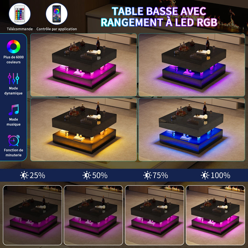 Table Basse Design Carrée LED – Tiroirs, Finition Haute Brillance Noir & Blanc | Rubis