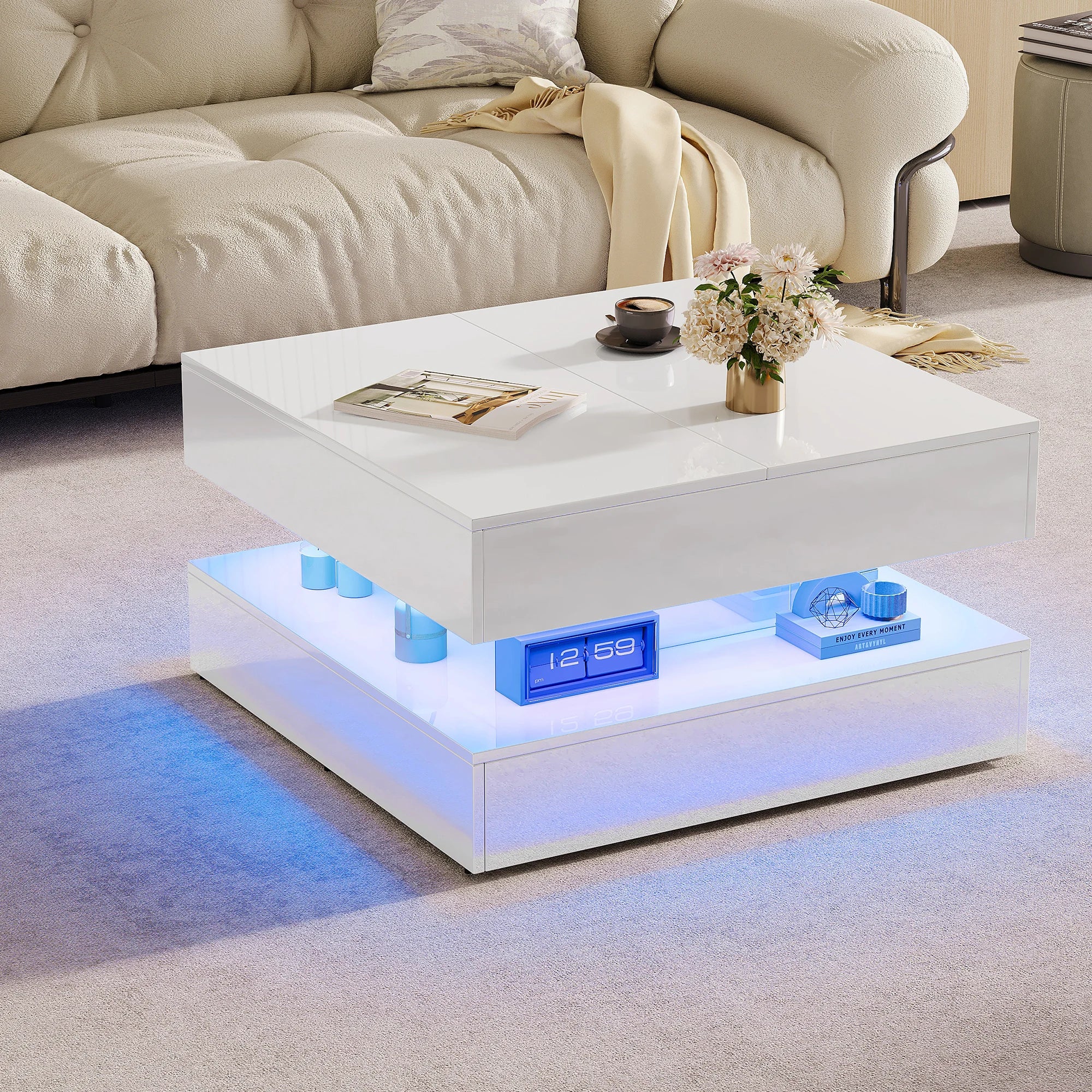 Table Basse Design Carrée LED – Tiroirs, Finition Haute Brillance Noir & Blanc | Rubis